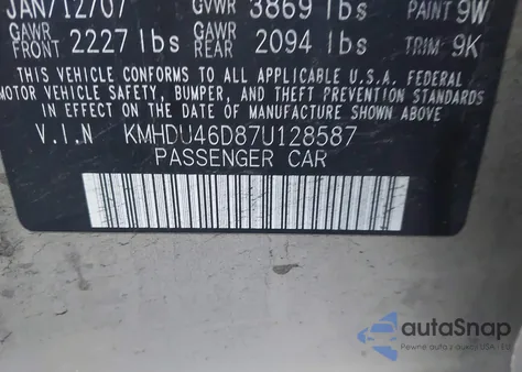 2007 Hyundai Elantra Gls/Limited/Se from USA, damaged, VIN KMHDU46D87U128587